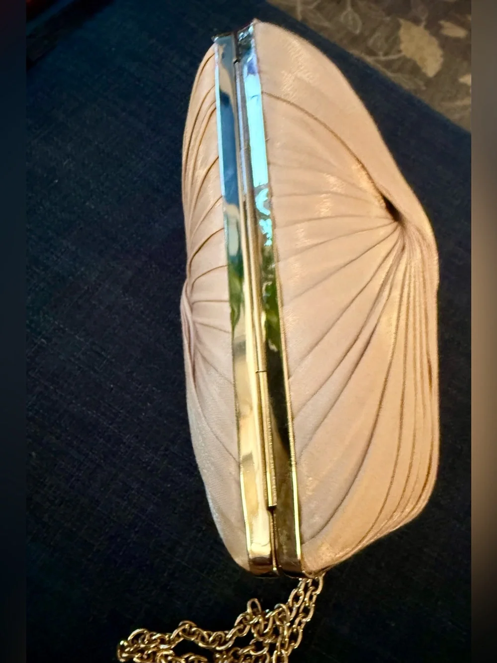 Sondra Roberts Champagne Pleated Clutch with Blue Jewel Clutch and Gold Chain